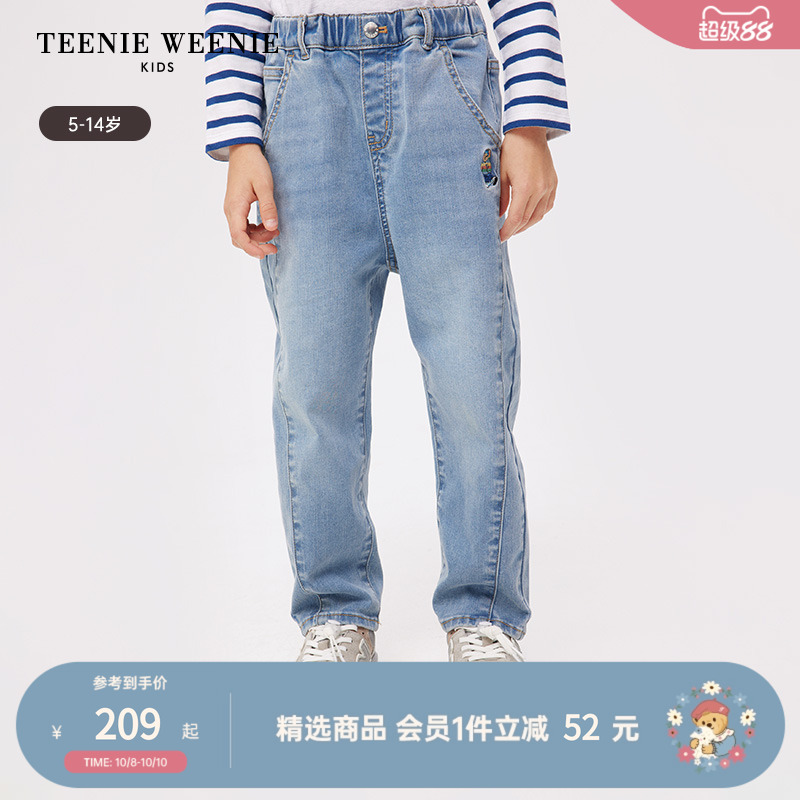 小熊童装简约松紧腰牛仔裤