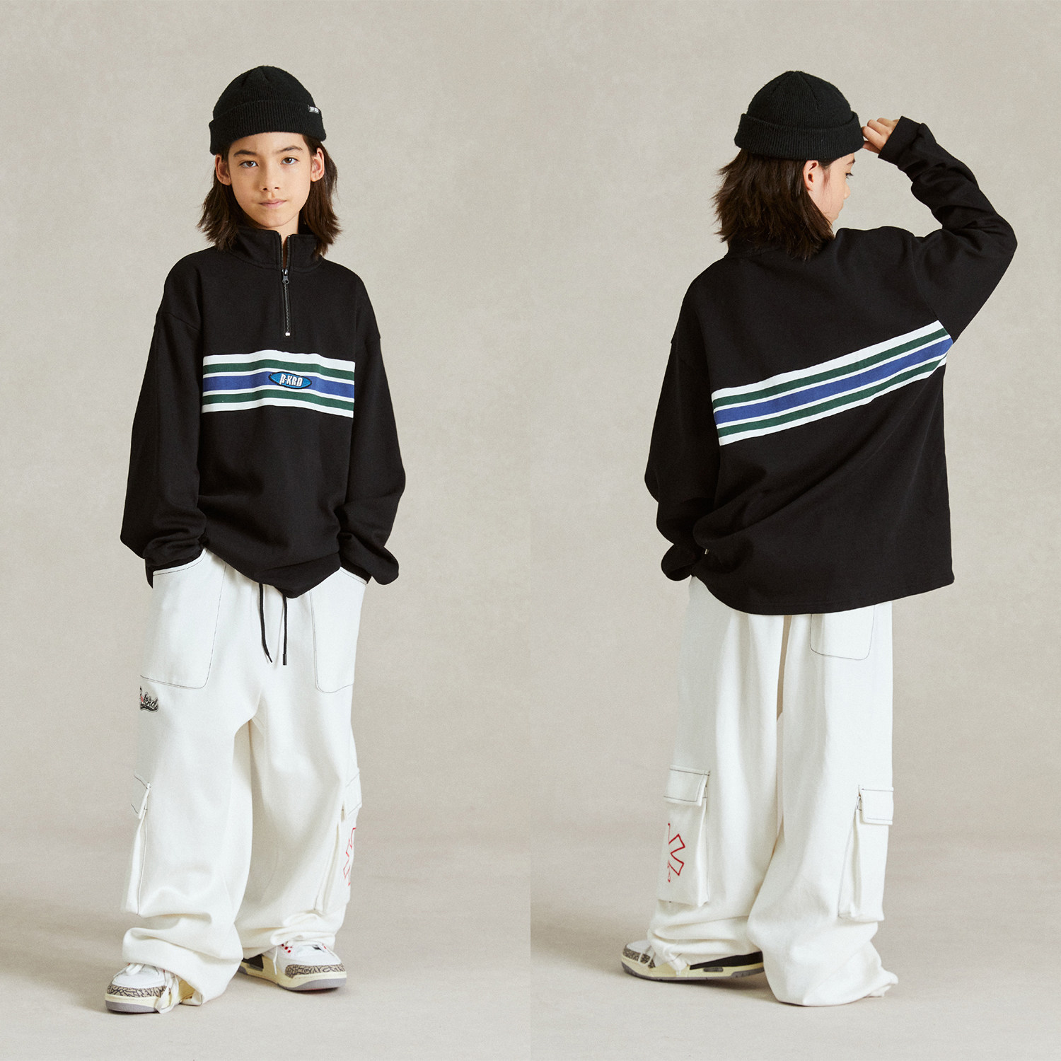 ROCKYROAD童装重磅美式半拉链套头卫衣新款条纹印花立领运动外套