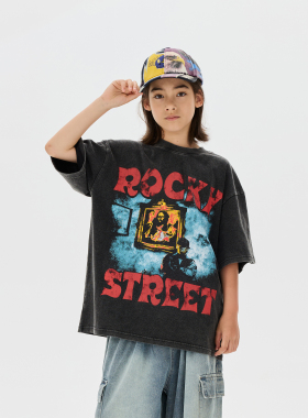 ROCKYROAD童装男童美式复古t恤小领口高街字母涂鸦水洗印花短袖