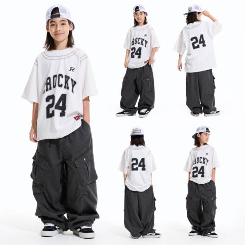ROCKYROAD童装美式hiphop圆领字母印花短袖潮牌高街宽松休闲上衣