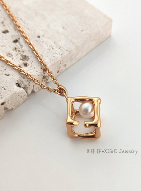「禧饰」纯银S925立体几何方形珍珠项链法式轻奢简约高级感