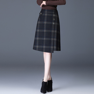格子毛呢半身裙女2025年春秋季新款高腰中长款包臀裙一步裙a字裙