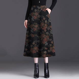 印花半身裙妈妈款 秋冬毛呢大花半裙女中长裙伞裙冬 a字裙2025新款