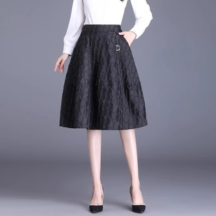 黑色a字半身裙子女秋冬2025高腰显瘦大摆伞裙百褶裙中长款 花苞裙