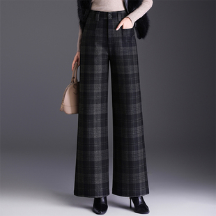 直筒休闲女裤 格子毛呢复古阔腿裤 子长裤 高腰显瘦女士裤 女秋冬新款