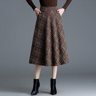 大摆裙 高腰a字裙遮胯显瘦中长款 格子毛呢半身裙女秋冬季 2025新款