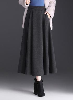 灰色毛呢半身裙女春秋长裙2025新款高腰显瘦a字大摆裙垂感百褶裙
