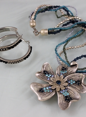 中古货 波西米亚民族风米珠项链旅拍手工高级感耳环 饰品B4*9BS