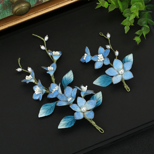 2025新款原创古风古典舞蓝色仿绒花汉服妆造配饰软簪后脑勺头饰品