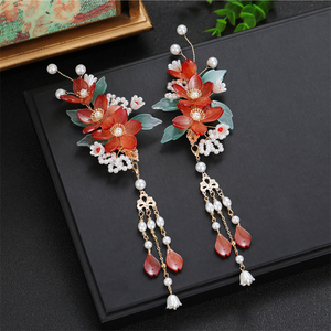 汉服儿童头饰红色枫叶古风发夹配饰仙气边夹发饰古装步摇流苏对夹