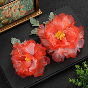 新款古风原创手工配饰大朵红粉蓝色牡丹烫花发夹妆造唐风汉服头饰