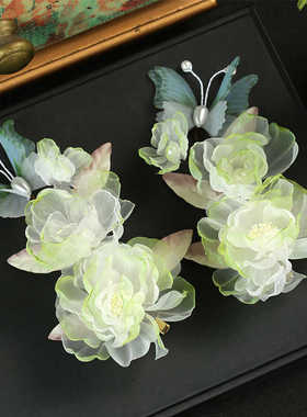 手工娟纱烫花古风发夹牡丹芍药汉服边夹头饰唐风花朵渐变绿色对夹