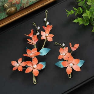 古风夹子头饰发夹侧边后脑勺汉服宋制边夹女仙美古典花朵橘色头饰