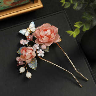 u型发夹琉璃花朵珍珠流苏发簪女古风新年盘发神器订婚敬酒服头饰