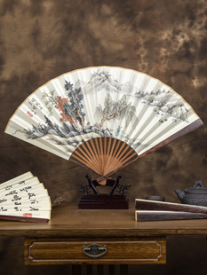 丝艺堂9寸乌木柄手绘山水白纸扇男中国风礼品工艺扇子鸡翅木折扇