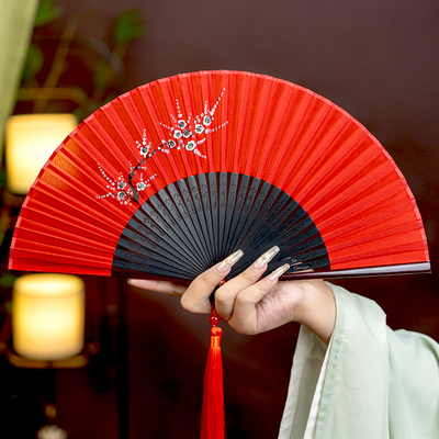 丝艺堂大红色专用舞蹈扇女扇子
