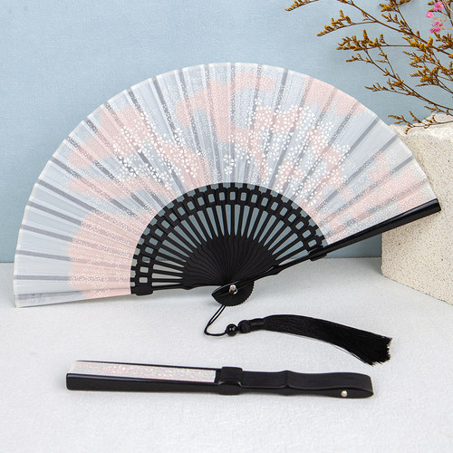 丝艺堂丝印玉兔花开樱花竹林女扇