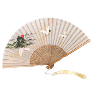 扇子古风经典款仙鹤女式夏天随时折扇中国风旗袍跳舞工艺折叠竹扇