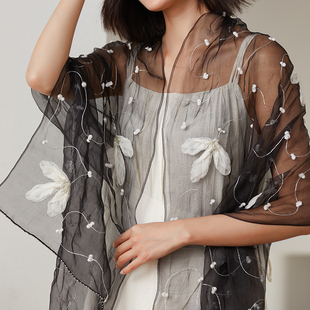 高档手工钉珠立体花桑蚕丝真丝丝巾 印度进口挺括生丝礼服披肩