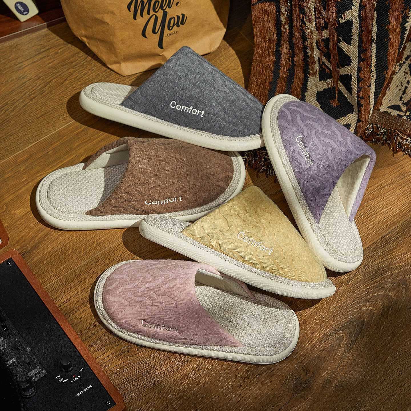 蚂蚁之恋冬款新款简约波浪轻逸柔履情侣款男女居家室内棉拖鞋保暖