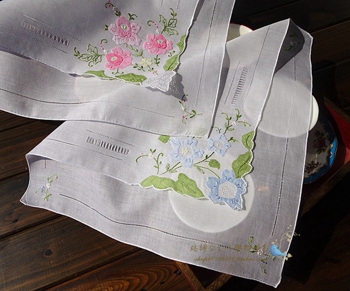 外贸潮汕手工贴布绣抽纱复古纯棉手礼品帕手信方巾盖巾约35cm绽放