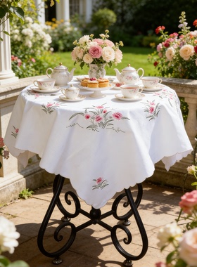 外贸出口法式复古纯棉绣花桌布中古手推绣美式田园多用垫布约80cm