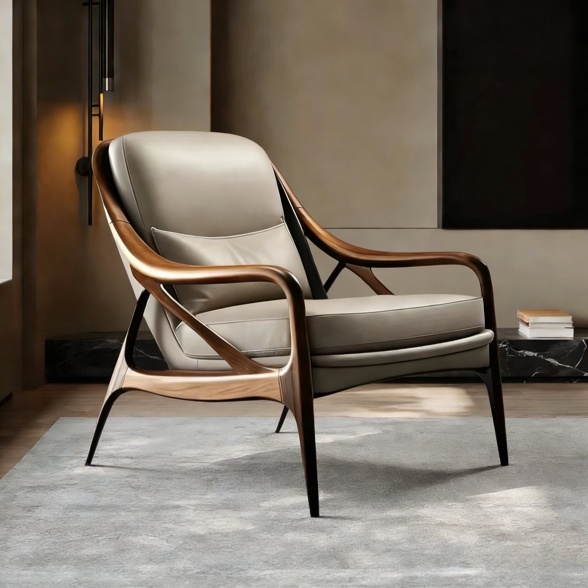 北美黑胡桃木真皮沙发椅设计师休闲椅子办公室实木简约单人沙发椅