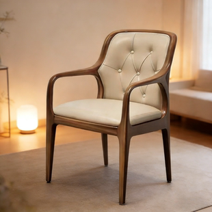 黑胡桃木实木椅子家用餐椅书房书椅两用头层牛皮软包靠背休闲椅