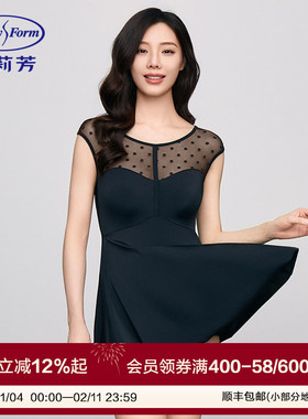 安莉芳专柜新品女士无袖裙式连体泳衣波点网纱拼接游泳装ES00217