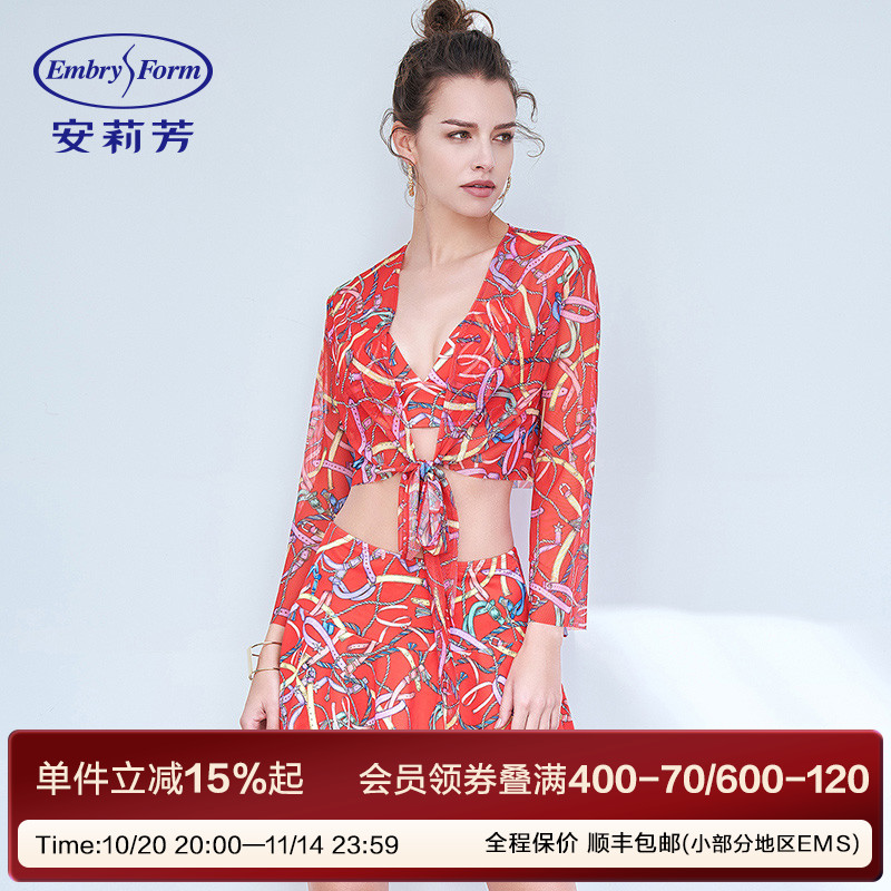 安莉芳ins风印花比基尼分体泳装女网纱罩衫度假泳衣三件套ES00106