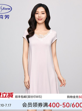 安莉芳专柜新品莫代尔短袖蕾丝v领家居裙女士宽松舒适睡裙EL00730