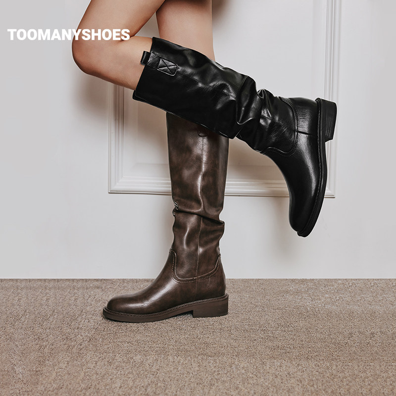 Toomanyshoes秋冬款骑士夜曲厚底增高美拉德棕色长靴复古堆堆靴子