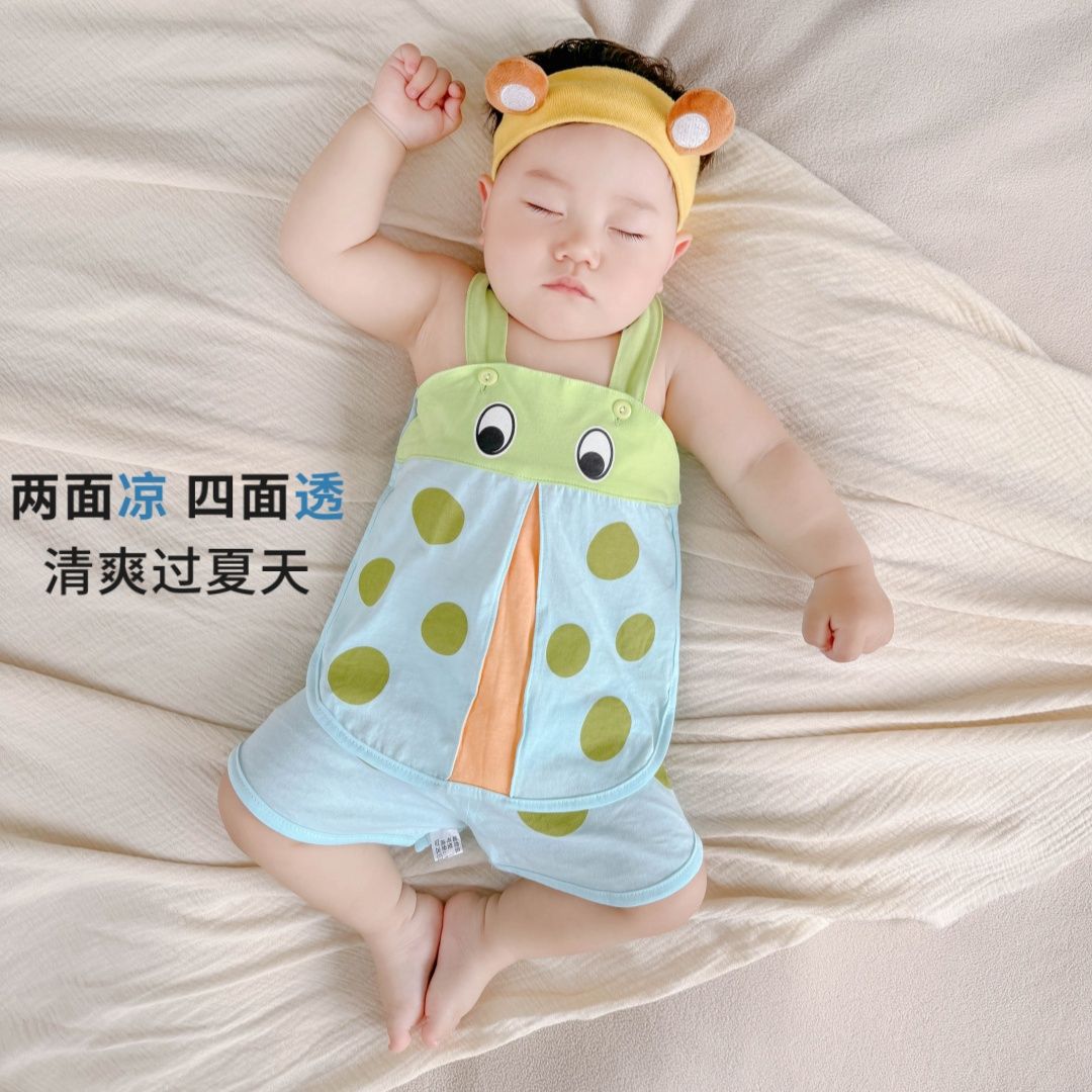 婴儿纯棉分体吊带套装宝宝瓢虫图案薄款衣服夏季男女背心短裤