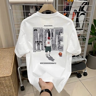 320g重磅短袖T恤男士印花新款休闲潮流时尚宽松打底衫半袖上衣