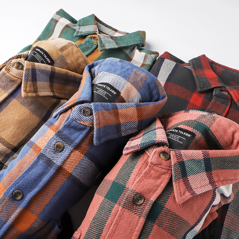 Vintage美式复古红格子衬衫男款宽松重磅厚情侣长袖衬衣外套穿搭