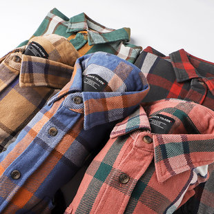 Vintage美式复古红格子衬衫男款宽松重磅厚情侣长袖衬衣外套穿搭