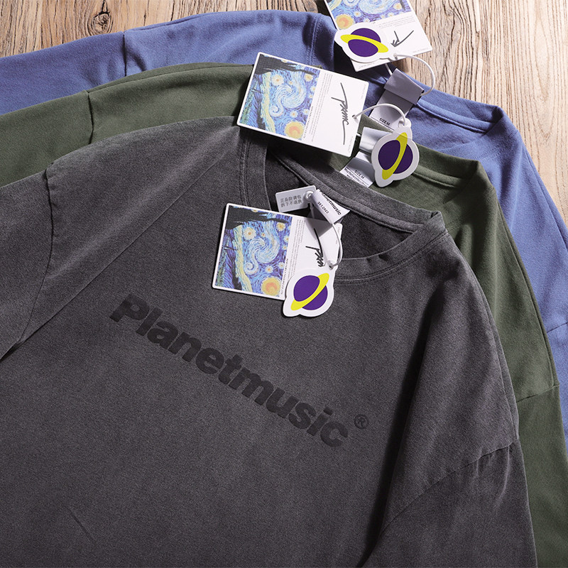 重磅夏季黑色印花t恤日系英文字母短袖男款宽松大码成衣水洗做旧