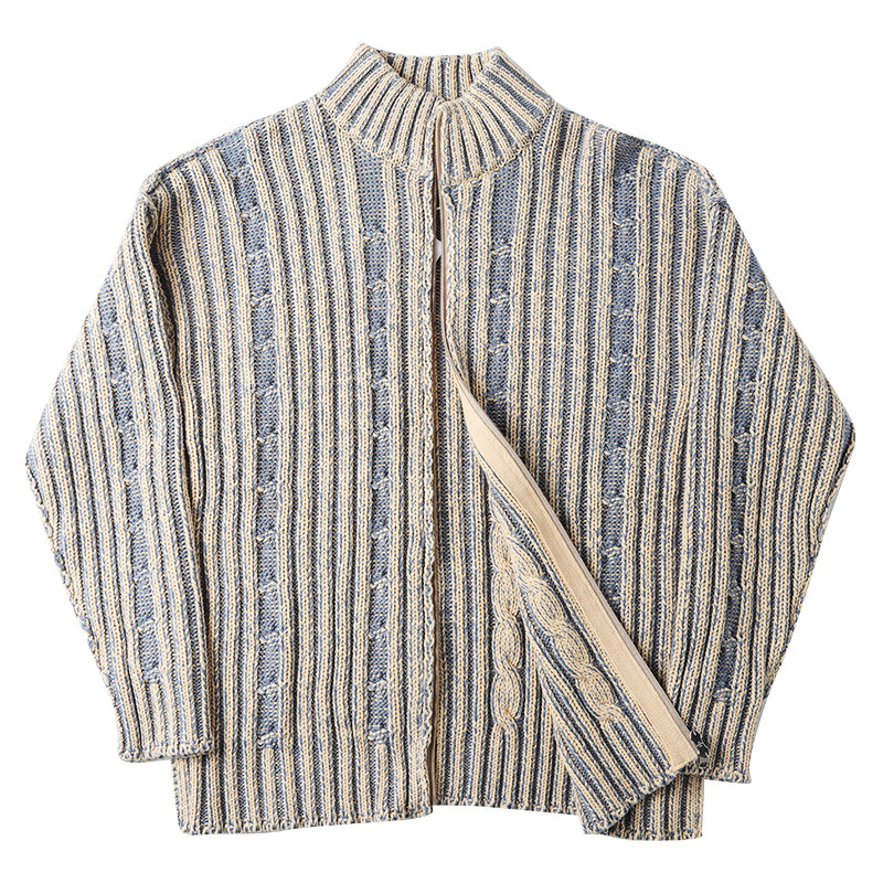 秋冬季双拉链毛衣开衫男宽松立领拼色麻花针织外套高级感慵懒风潮