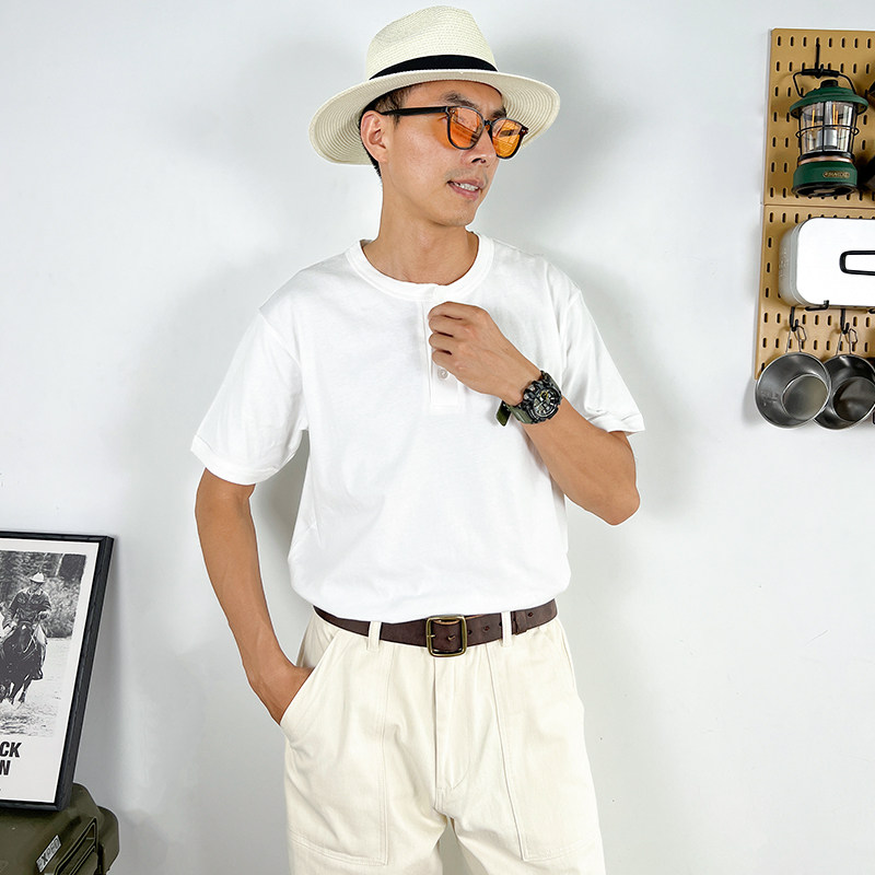 夏季265克重经典复古亨利衫美式重磅纯棉亨利领短袖T恤男健身硬汉