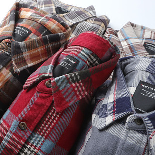 vintage美式复古重磅红色格子衬衫秋冬磨毛加厚纯棉格纹工装外套