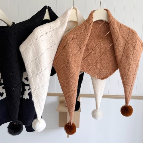 带球复古风毛球红色三角巾秋冬防风防寒多功能披肩围巾保暖披肩女