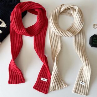 纯色坑条氛围感围巾女士细窄长条时髦腊肠装饰小围脖针织抽条法棍