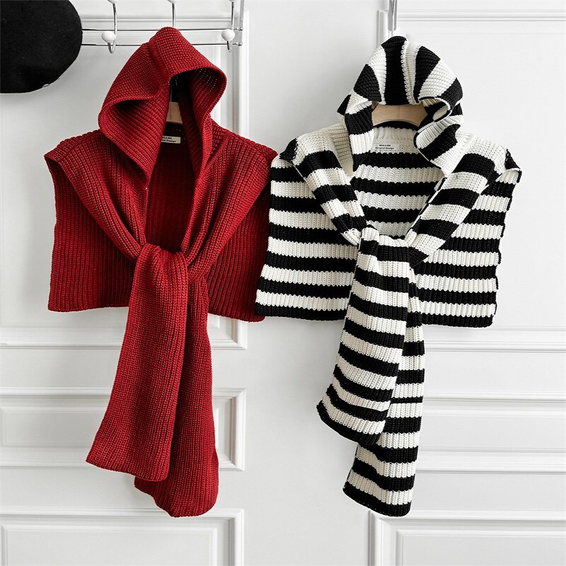韩国博主设计感条纹针织连帽披肩女秋冬保暖围巾帽子一体护颈围脖,服饰配件/皮带/帽子/围巾,围巾/丝巾/披肩,淘宝优惠券,粉丝福利购,淘宝优惠卷