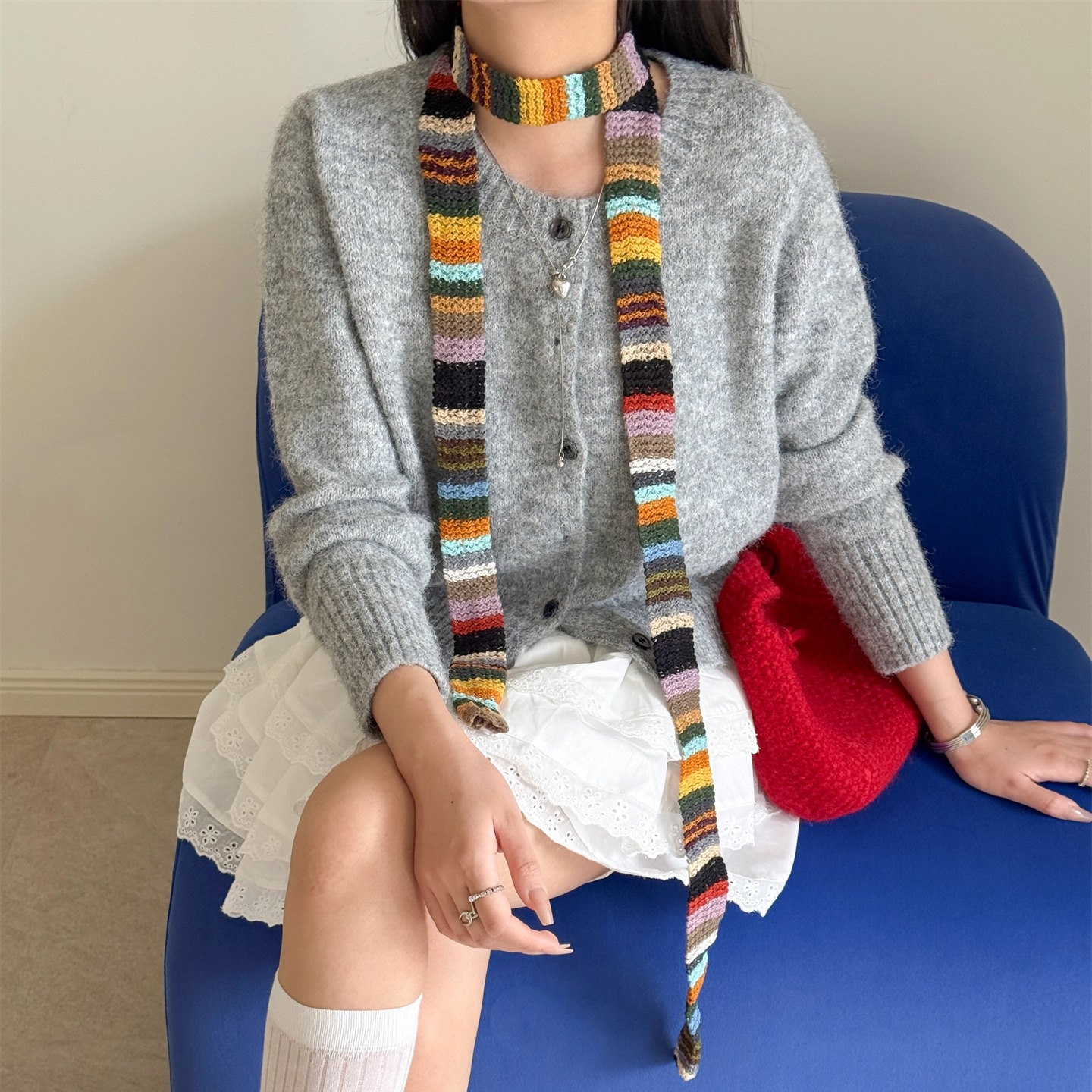 原宿风2025秋冬新款日系彩色条纹针织细窄围巾女小众百搭装饰围脖