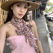 粉色豹纹长条丝巾女春夏季 薄款 高级感围巾y2k辣妹千禧风飘带围脖