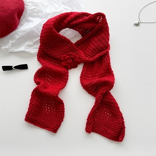 红色针织洞洞长款围巾花朵镂空毛线围脖装饰少女百搭装饰小围巾