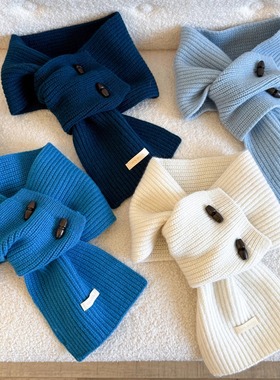 100%全羊毛牛角扣围巾奶黄纯色红色小围脖交叉女士保暖秋冬季领子