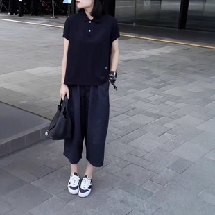 上衣休闲阔腿裤 英国portney polo领宽松短袖 bell夏季 女潮 新款
