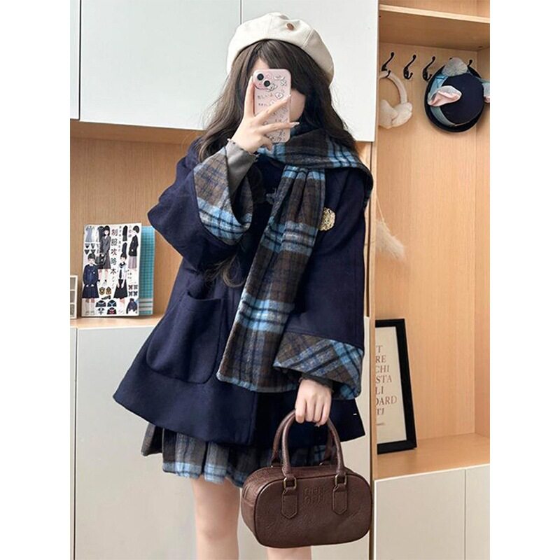 学院风JK制服套装女秋冬小个子牛角扣毛呢外套+格子百褶裙两件套