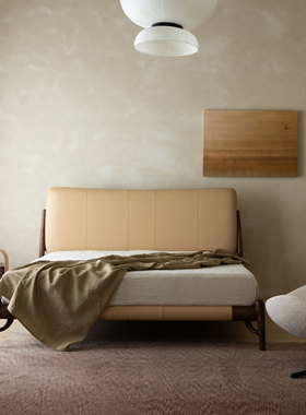 梵几山脊线|枝语床1.8米实木床牛皮靠包主卧双人大床软包床